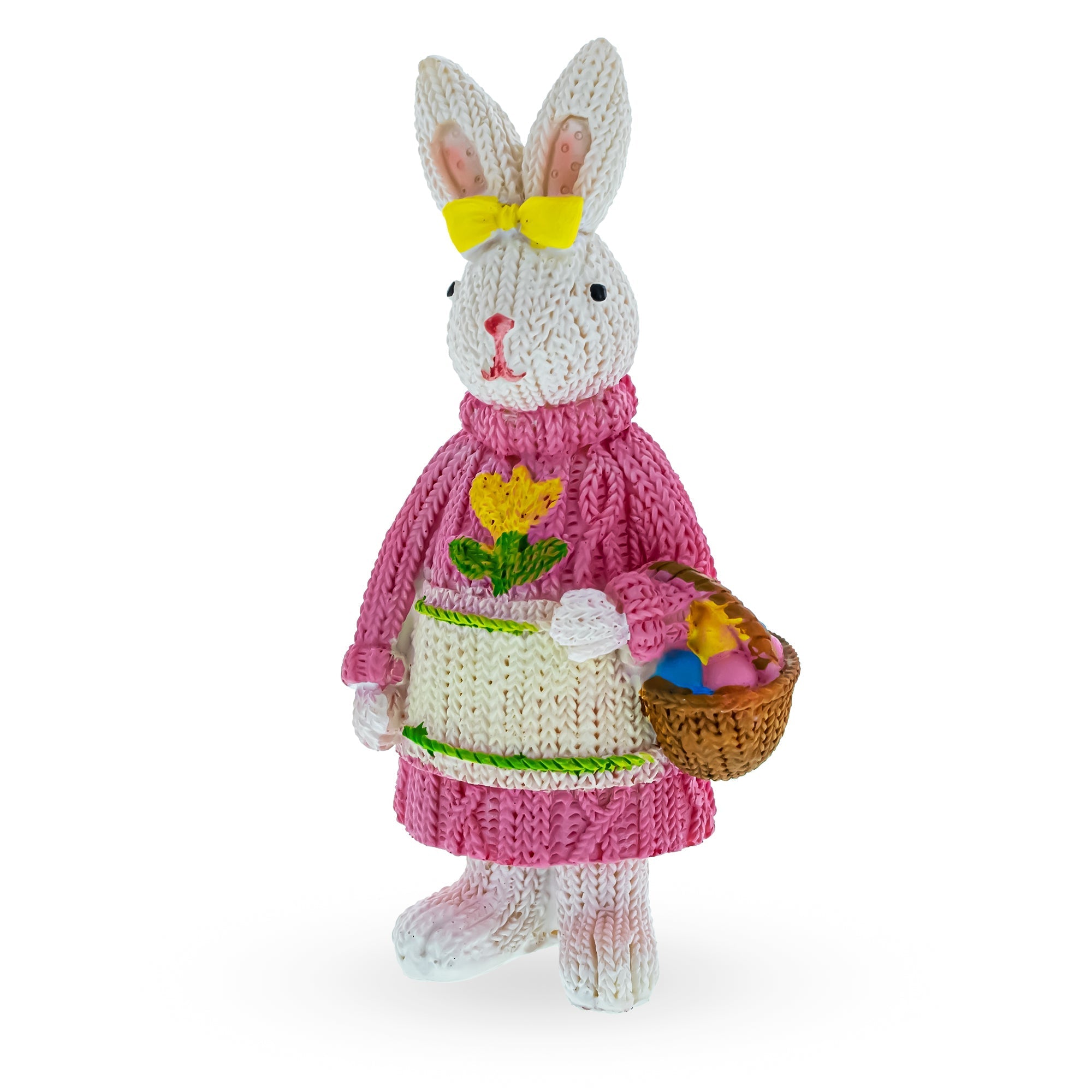 Bunny Figure with Pastel Basket and Sweater Detail 5.8 Inches Tall Easter > Figurines > Bunnies La Vie Bien Bunny Figure with Pastel Basket and Sweater Detail 5.8 Inches Tall