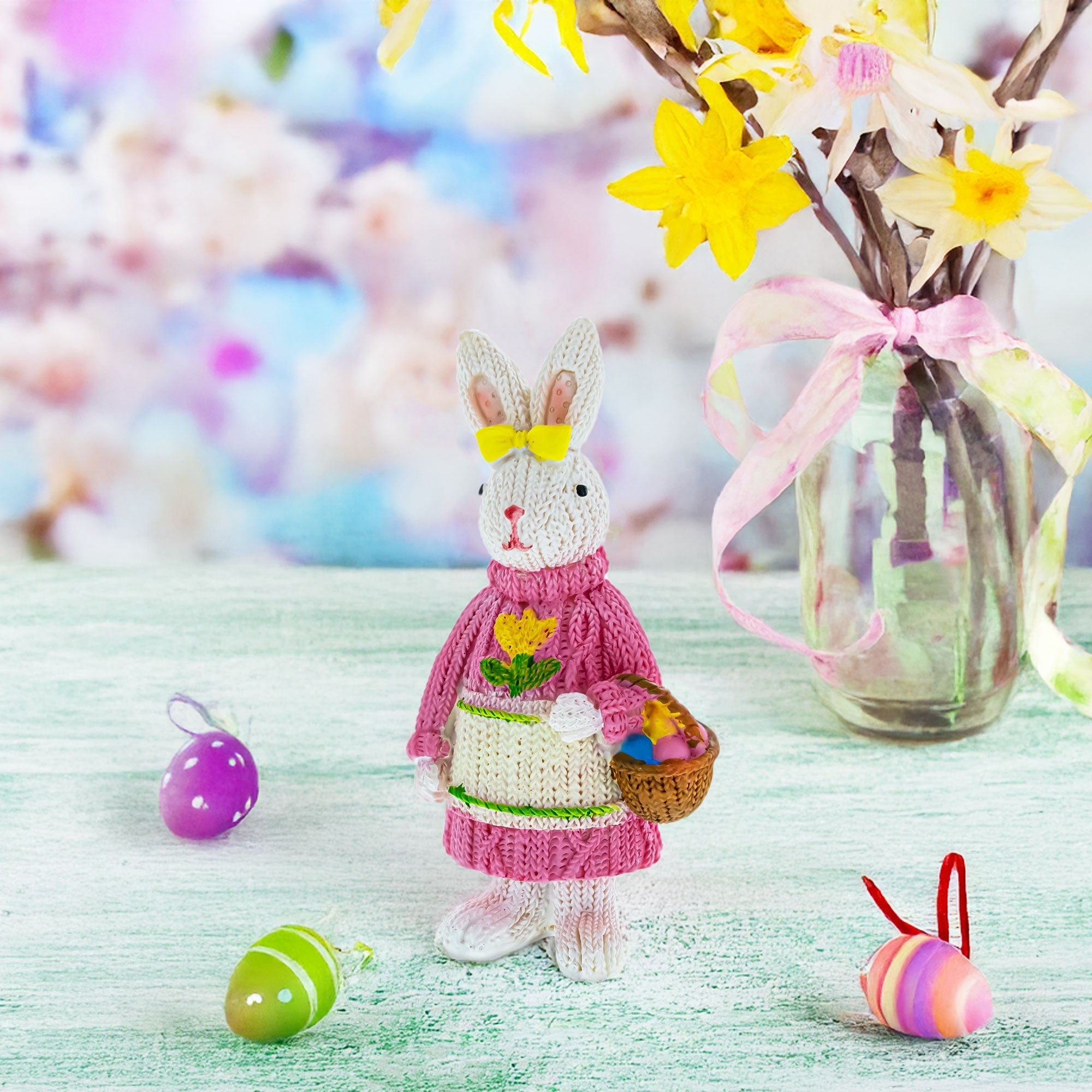 Bunny Figure with Pastel Basket and Sweater Detail 5.8 Inches Tall Easter > Figurines > Bunnies La Vie Bien Bunny Figure with Pastel Basket and Sweater Detail 5.8 Inches Tall