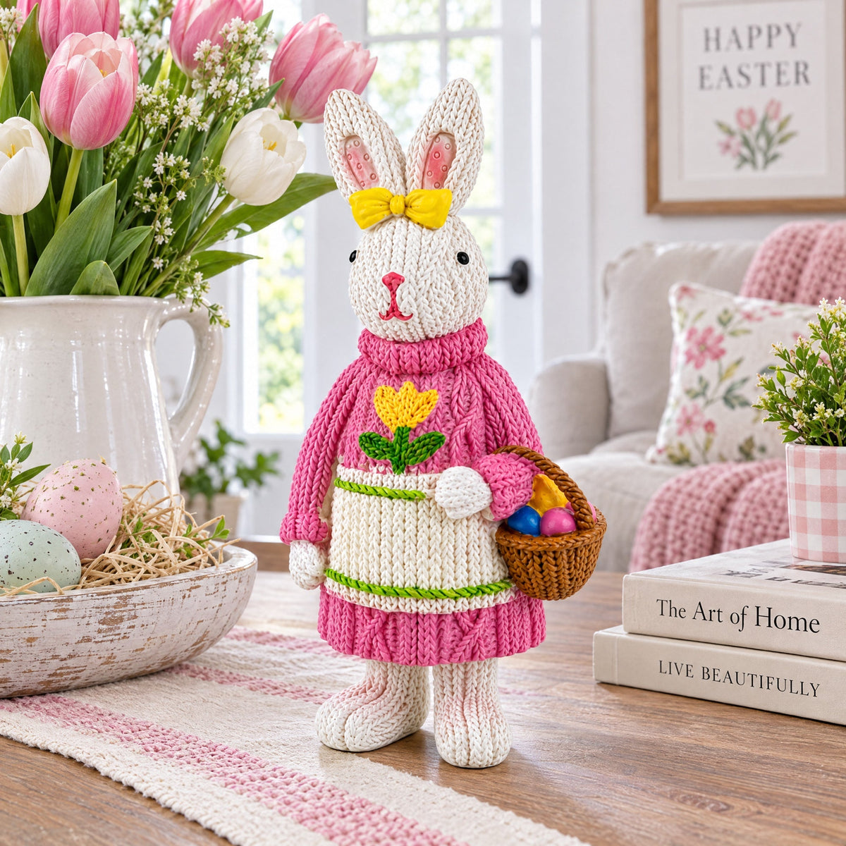 Bunny Figure with Pastel Basket and Sweater Detail 5.8 Inches Tall Easter > Figurines > Bunnies La Vie Bien Bunny Figure with Pastel Basket and Sweater Detail 5.8 Inches Tall