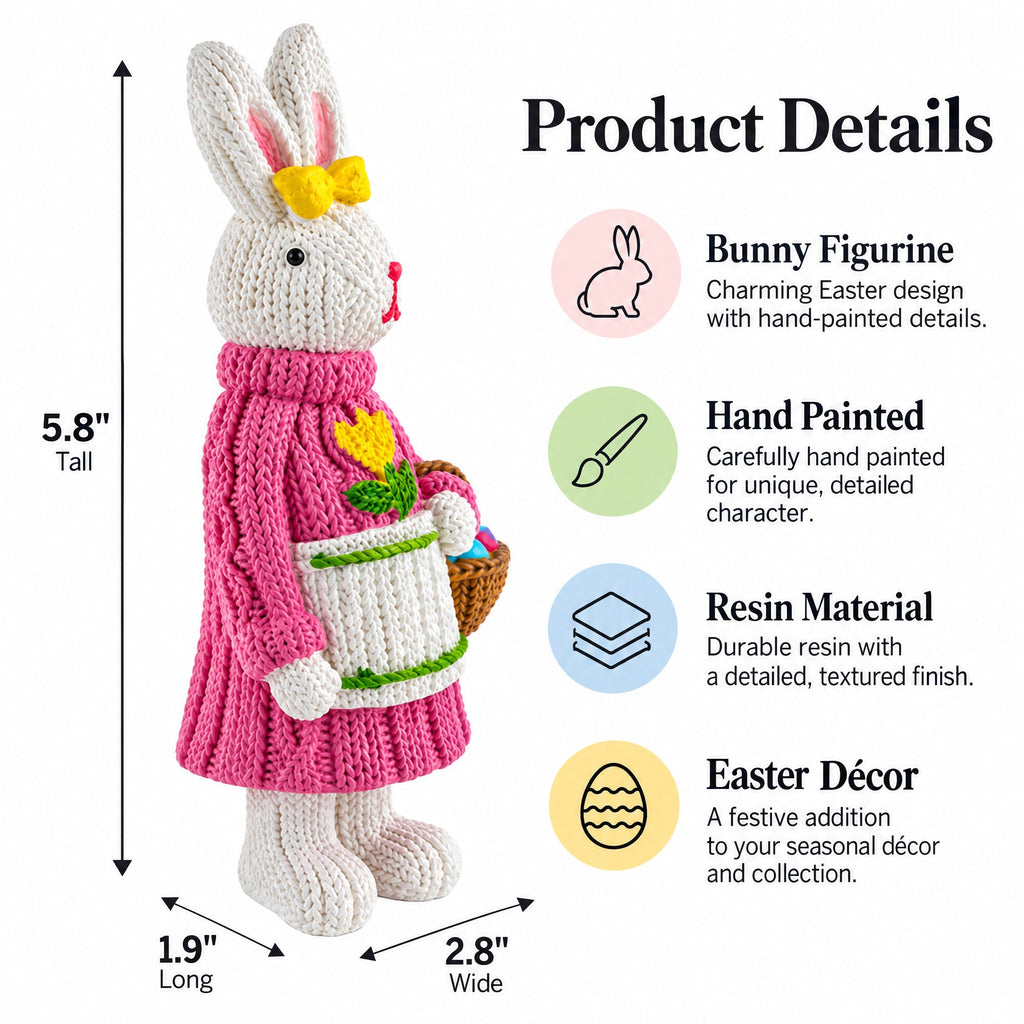 Bunny Figure with Pastel Basket and Sweater Detail 5.8 Inches Tall Easter > Figurines > Bunnies La Vie Bien Bunny Figure with Pastel Basket and Sweater Detail 5.8 Inches Tall
