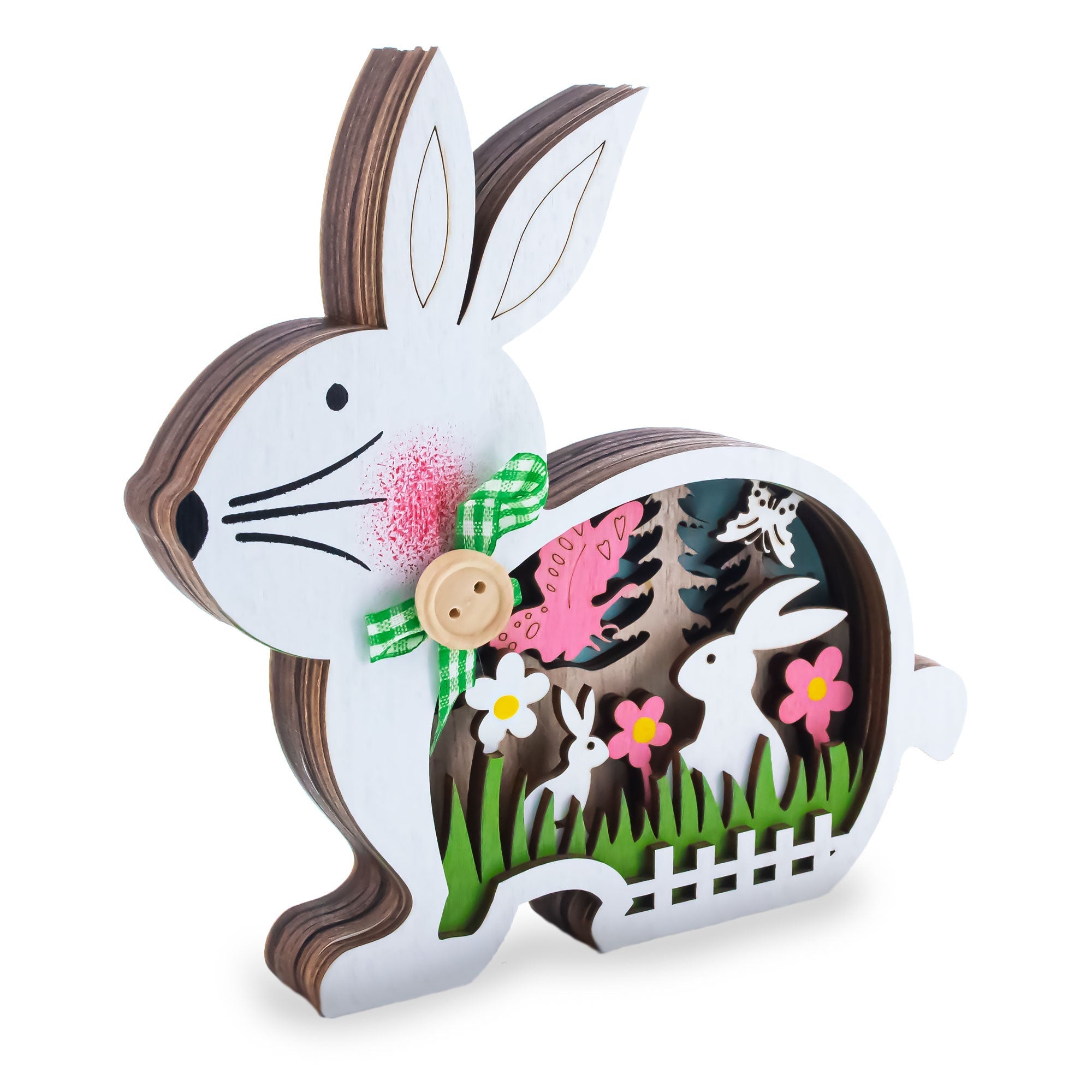 Bunny Shape Spring Garden with Butterflies Wooden Figurine Easter > Figurines > Bunnies La Vie Bien Bunny Shape Spring Garden with Butterflies Wooden Figurine
