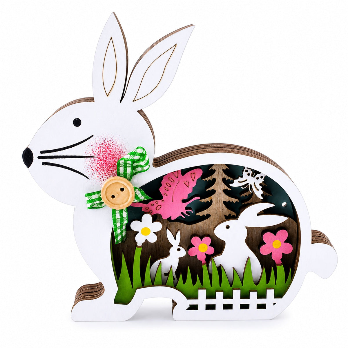 Bunny Shape Spring Garden with Butterflies Wooden Figurine Easter > Figurines > Bunnies La Vie Bien Bunny Shape Spring Garden with Butterflies Wooden Figurine