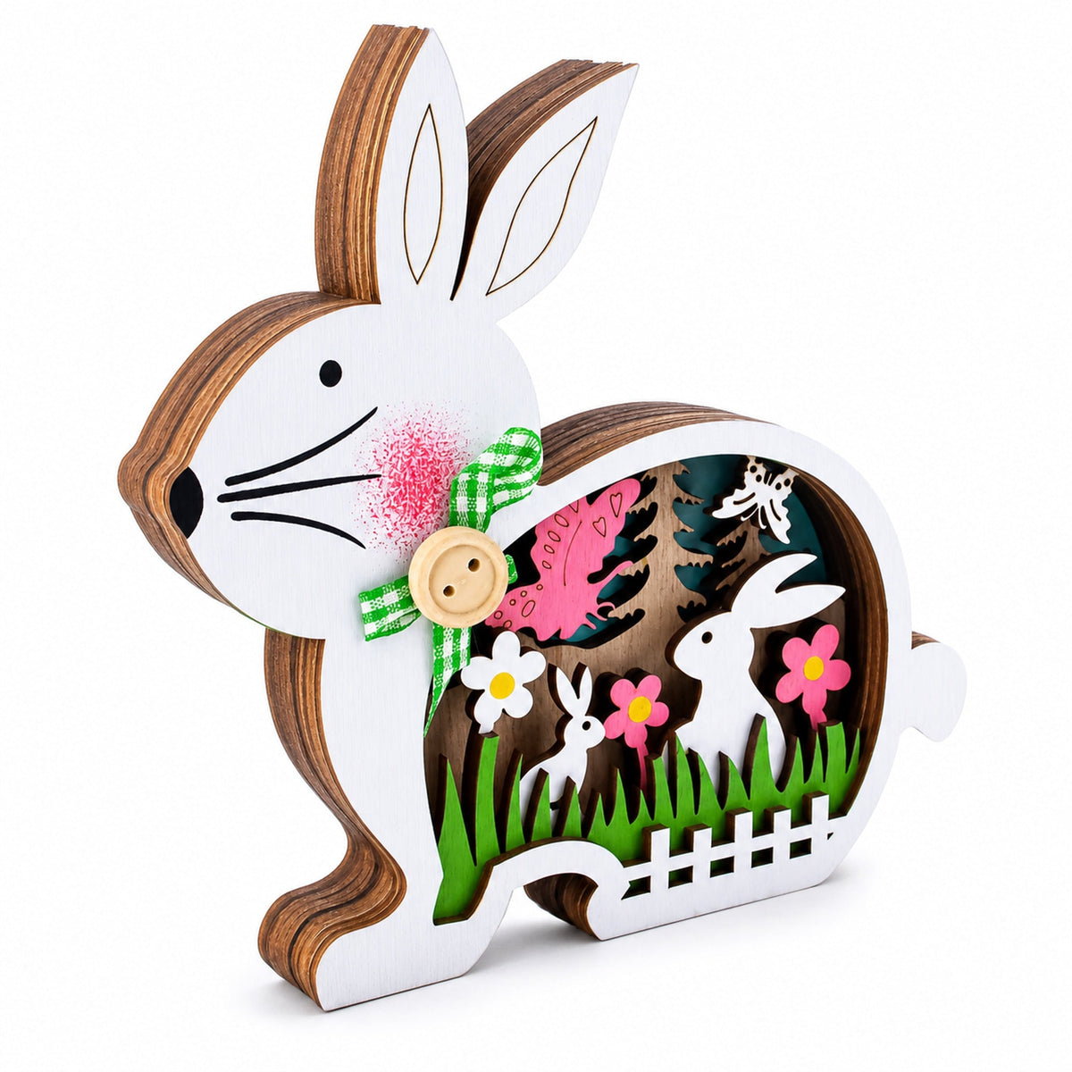 Bunny Shape Spring Garden with Butterflies Wooden Figurine Easter > Figurines > Bunnies La Vie Bien Bunny Shape Spring Garden with Butterflies Wooden Figurine