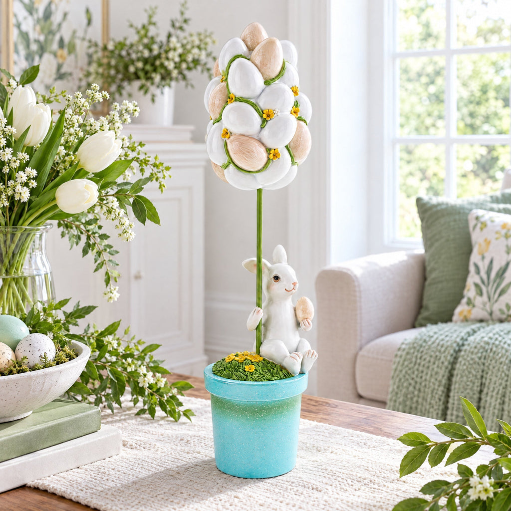 Bunny's Treasured Easter Egg Vessel Topiary Tabletop Decor Figurine 13.5 Inches Tall Easter > Figurines > Bunnies La Vie Bien Bunny's Treasured Easter Egg Vessel Topiary Tabletop Decor Figurine 13.5 Inches Tall