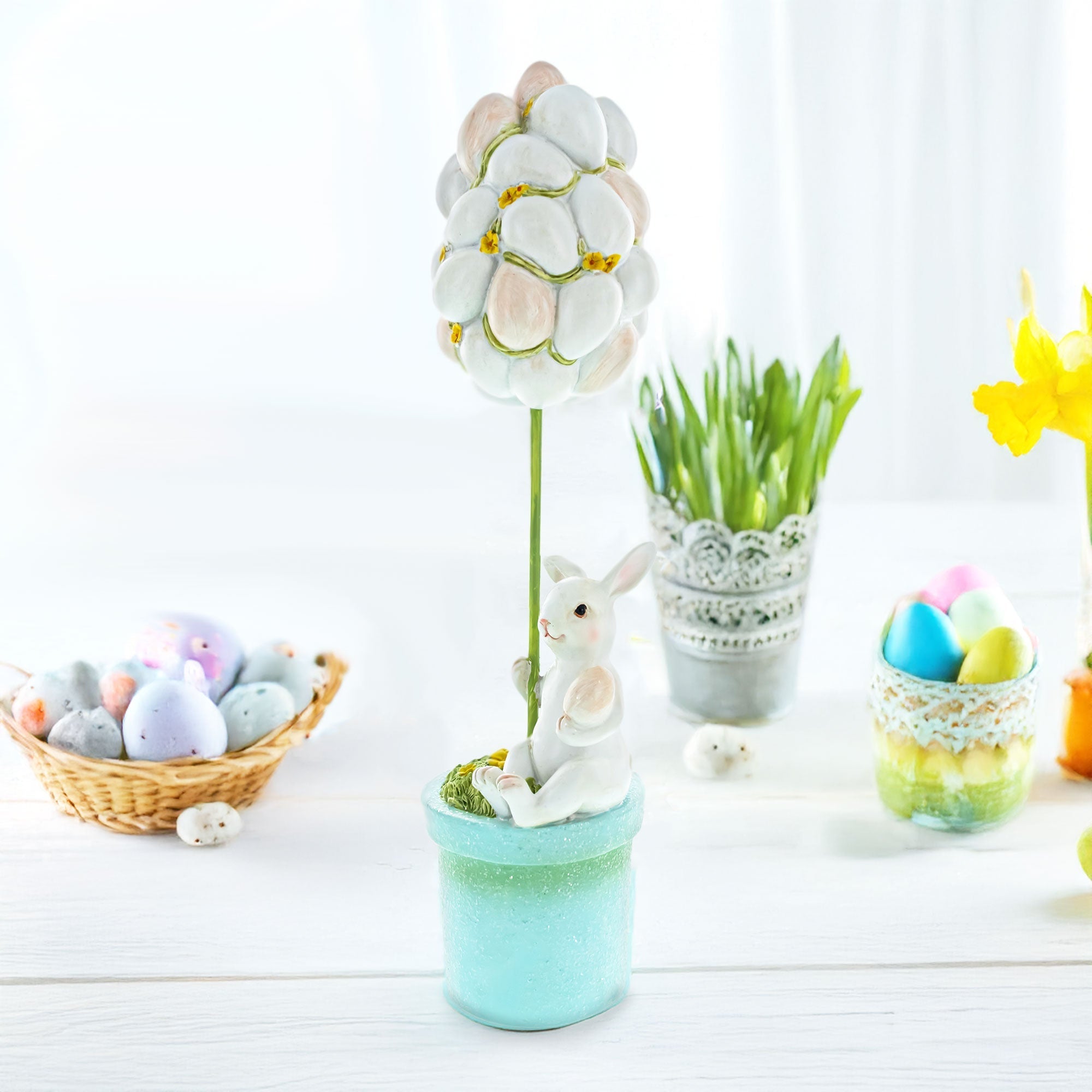 Bunny's Treasured Easter Egg Vessel Topiary Tabletop Decor Figurine 13.5 Inches Tall Easter > Figurines > Bunnies La Vie Bien Bunny's Treasured Easter Egg Vessel Topiary Tabletop Decor Figurine 13.5 Inches Tall