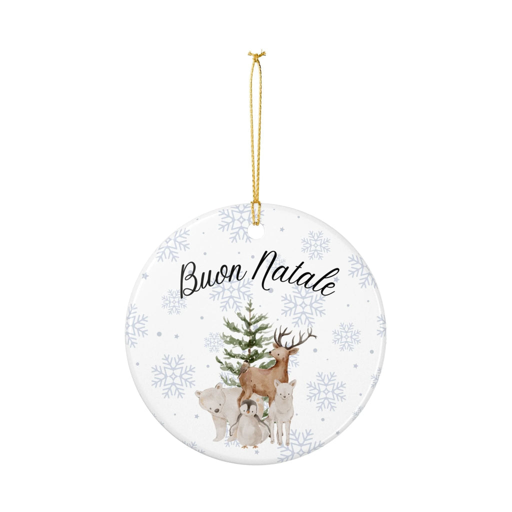 Buon Natale Woodland Animals Ceramic Ornament, Christmas Snowflake Decor by Printify