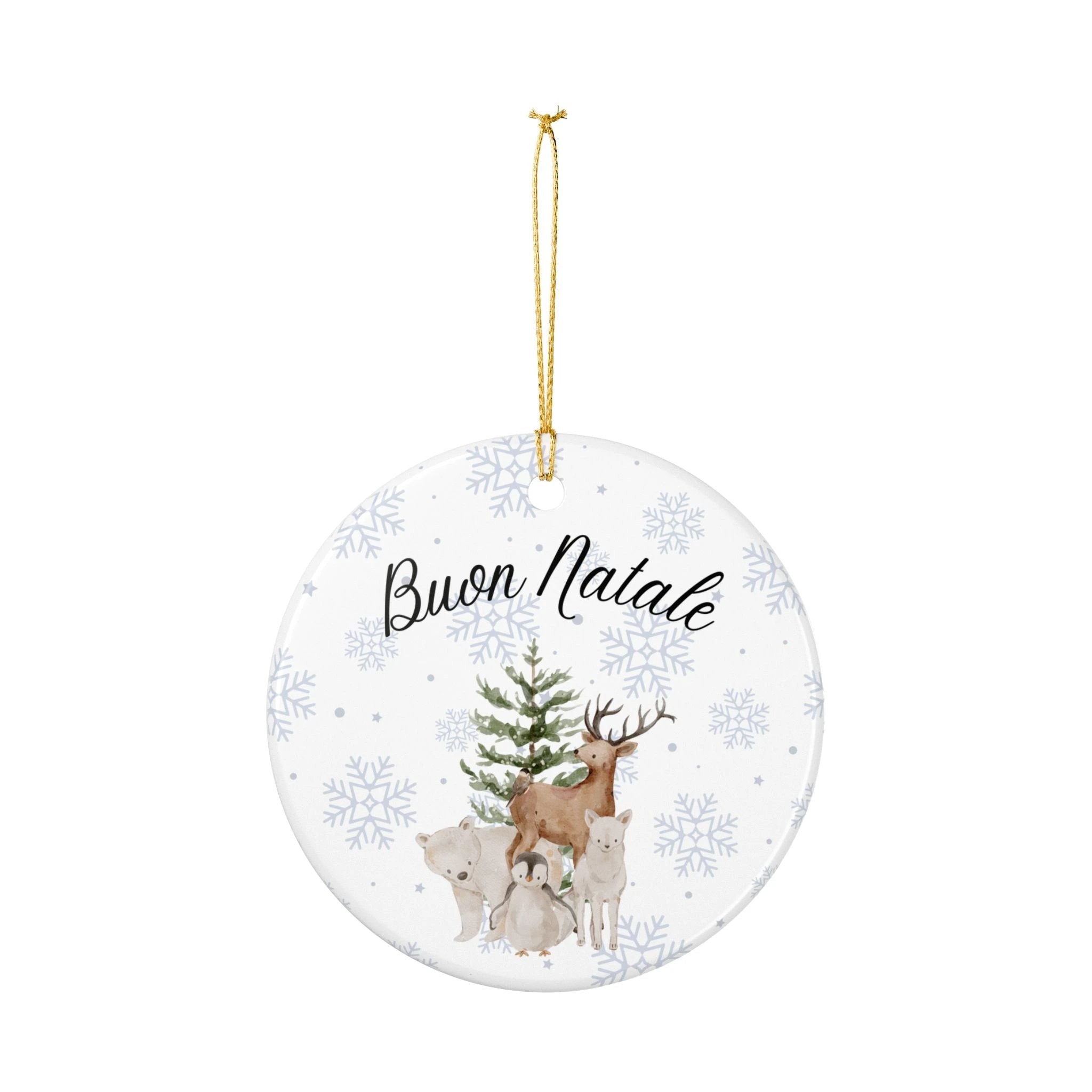 Buon Natale Woodland Animals Ceramic Ornament, Christmas Snowflake Decor by Printify