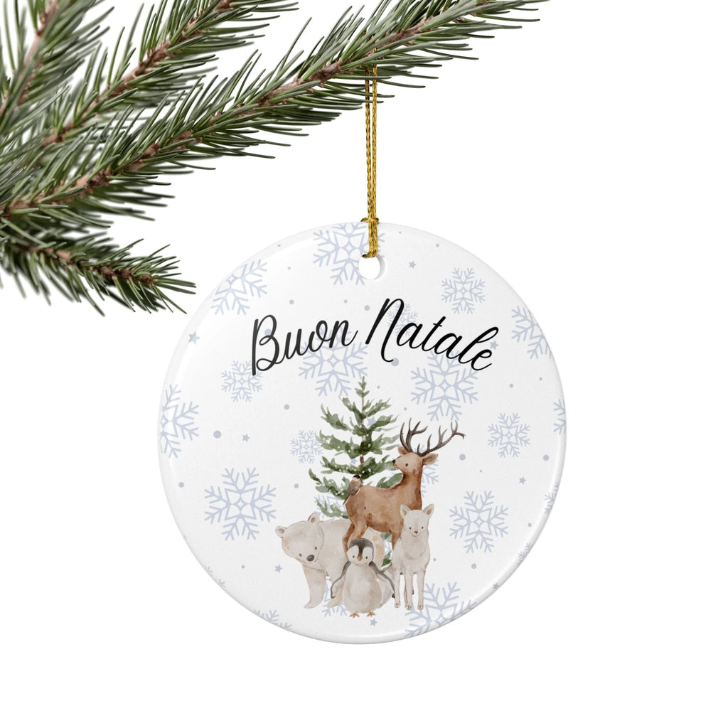 Buon Natale Woodland Animals Ceramic Ornament, Christmas Snowflake Decor by Printify