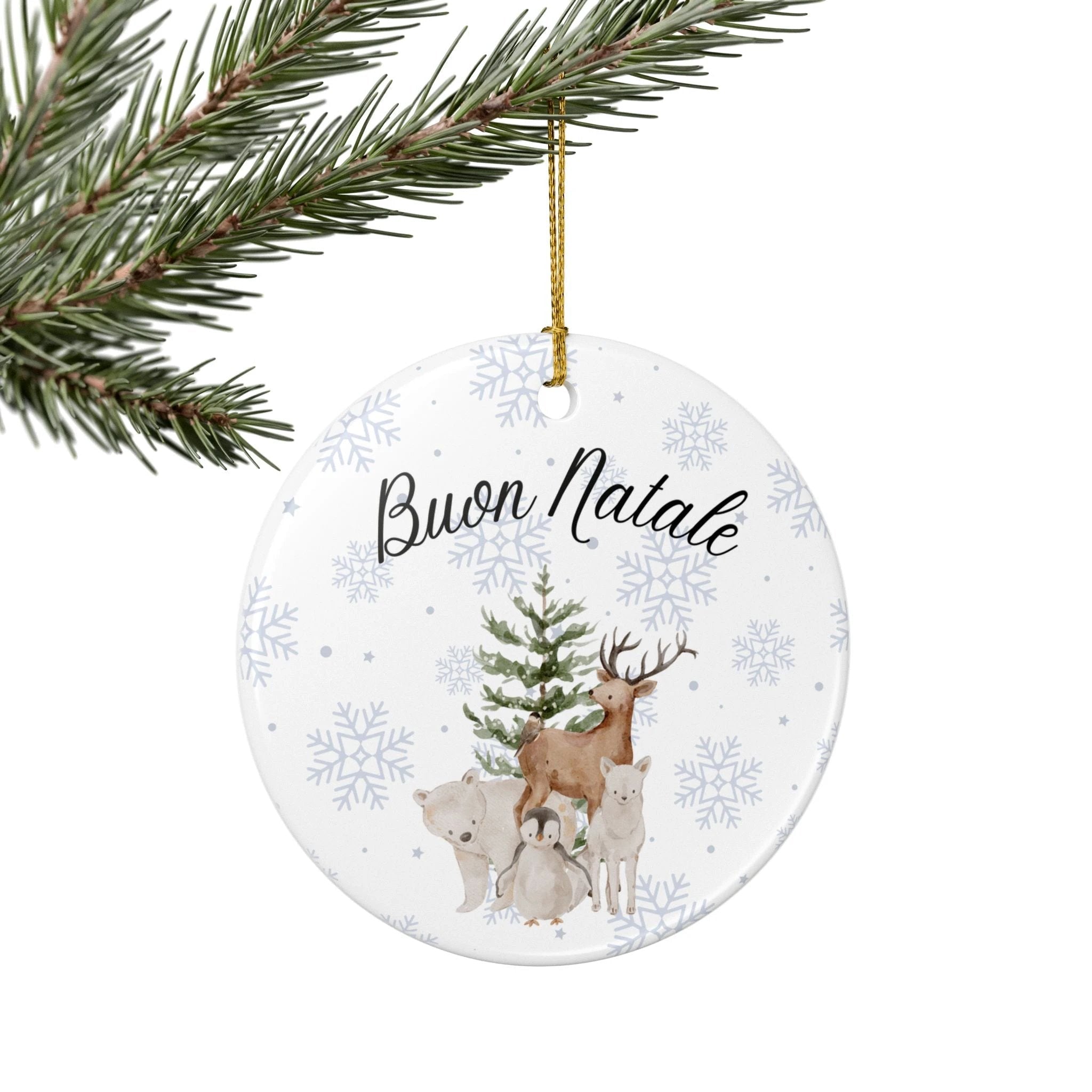 Buon Natale Woodland Animals Ceramic Ornament, Christmas Snowflake Decor by Printify