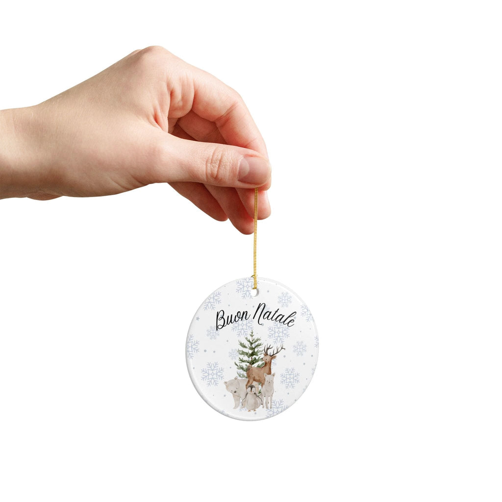 Buon Natale Woodland Animals Ceramic Ornament, Christmas Snowflake Decor by Printify