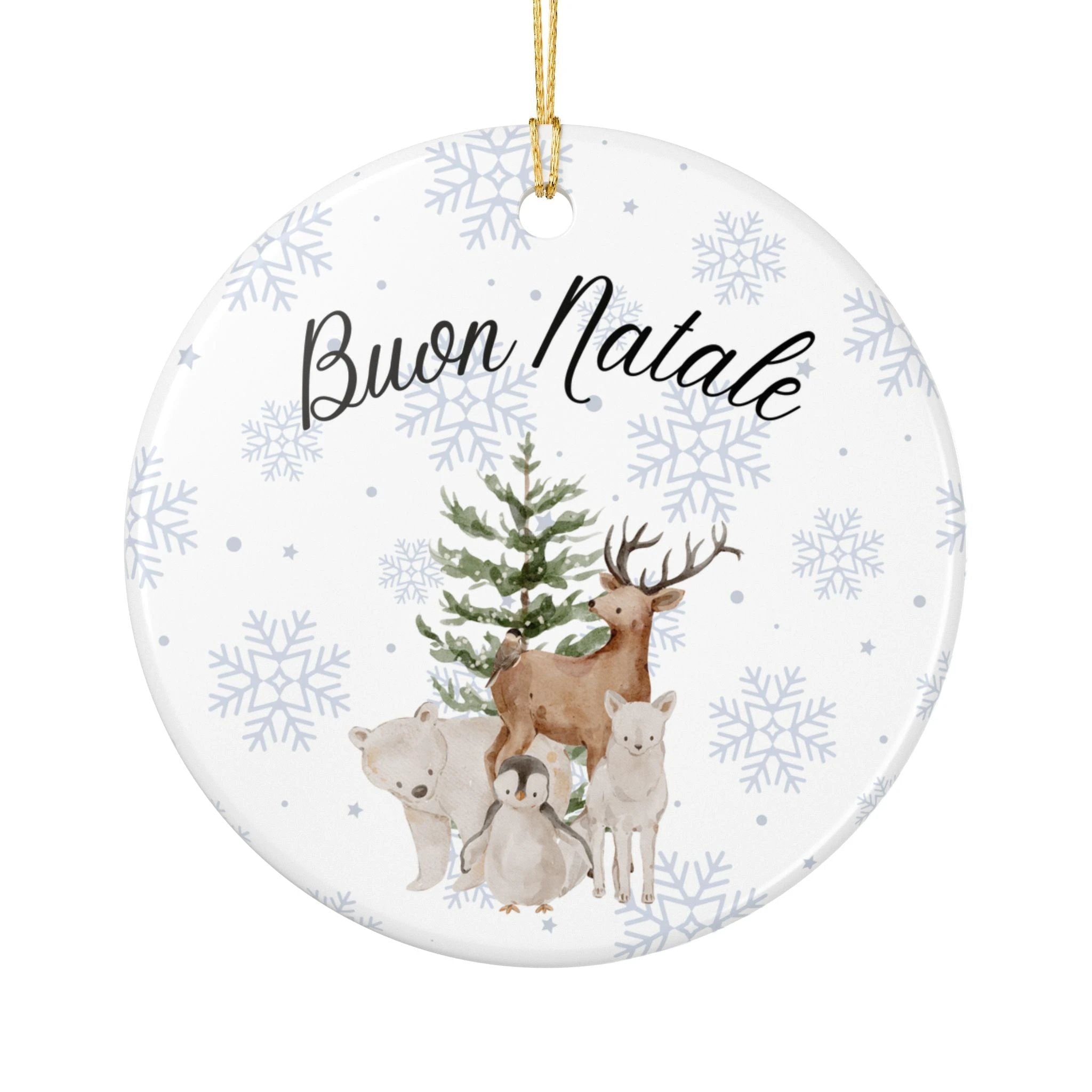 Buon Natale Woodland Animals Ceramic Ornament, Christmas Snowflake Decor by Printify