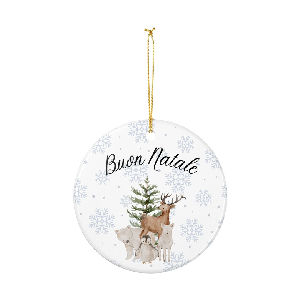 Buon Natale Woodland Animals Ceramic Ornament, Christmas Snowflake Decor by Printify