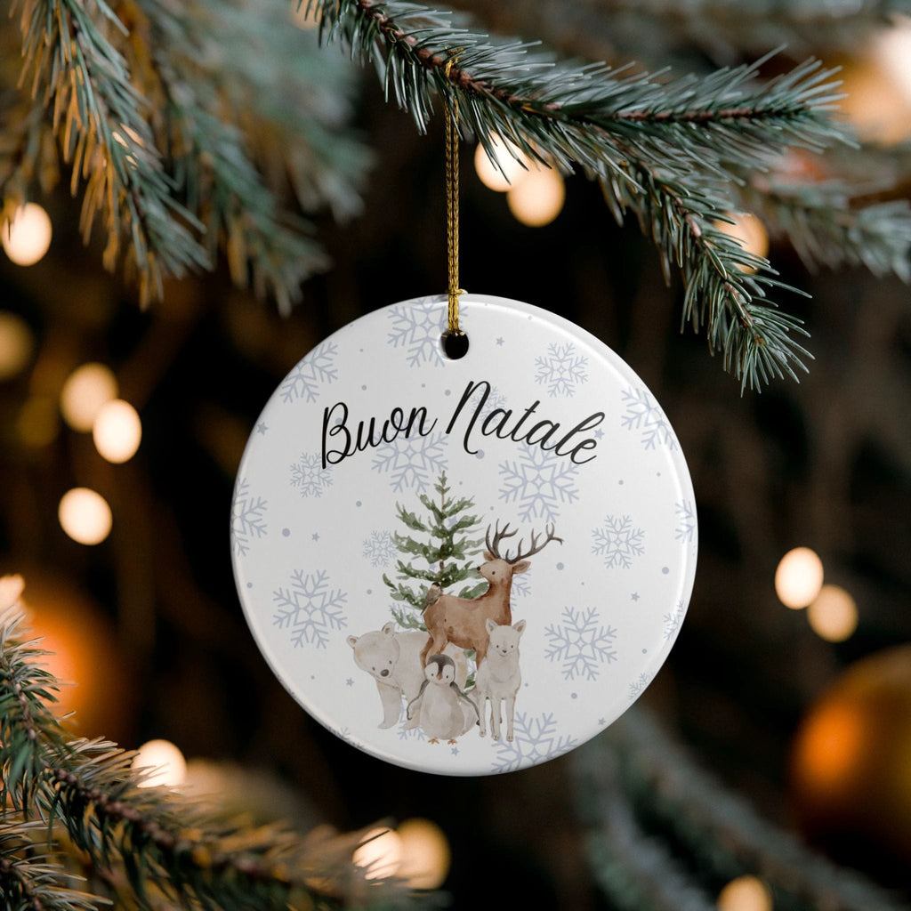 Buon Natale Woodland Animals Ceramic Ornament, Christmas Snowflake Decor by Printify