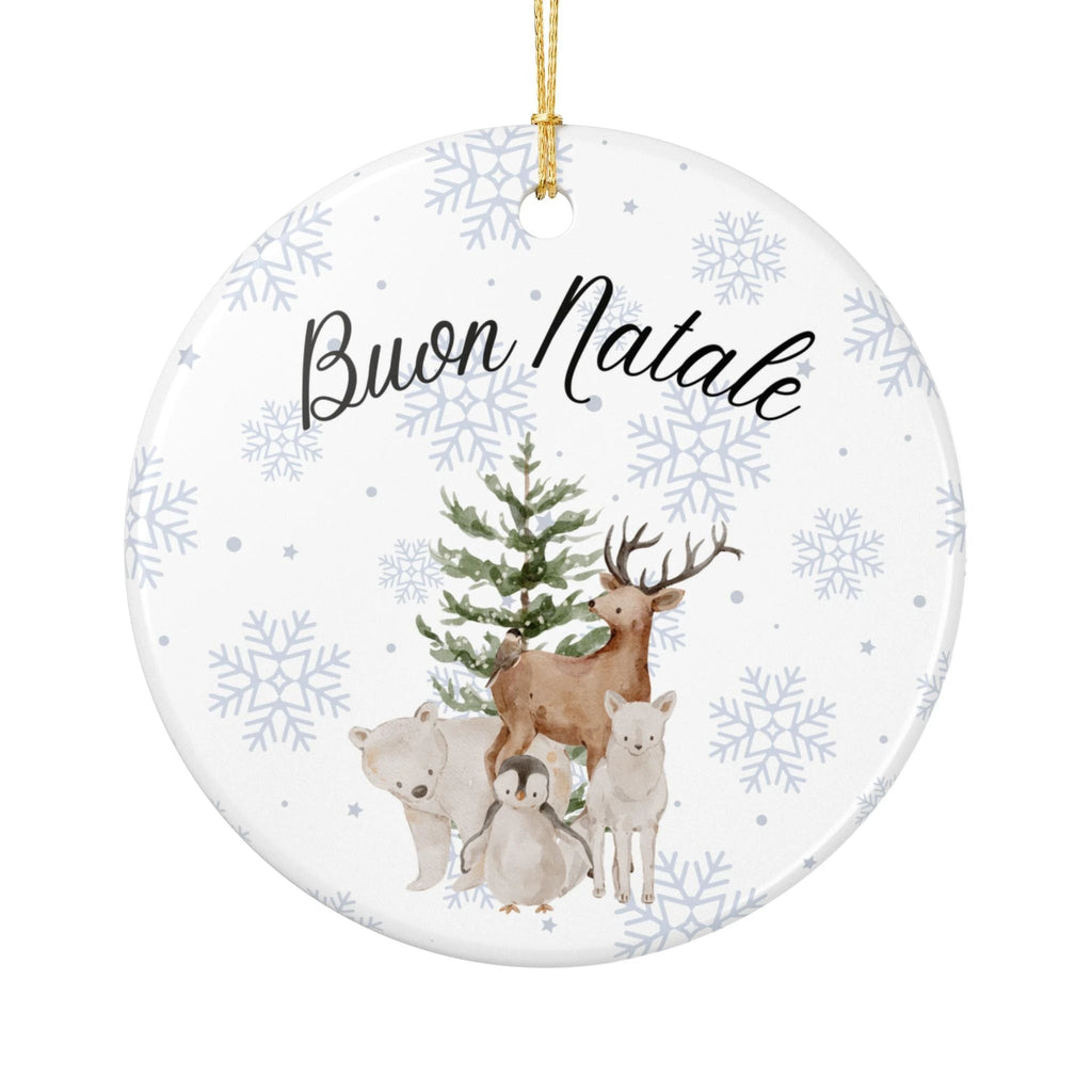 Buon Natale Woodland Animals Ceramic Ornament, Christmas Snowflake Decor by Printify