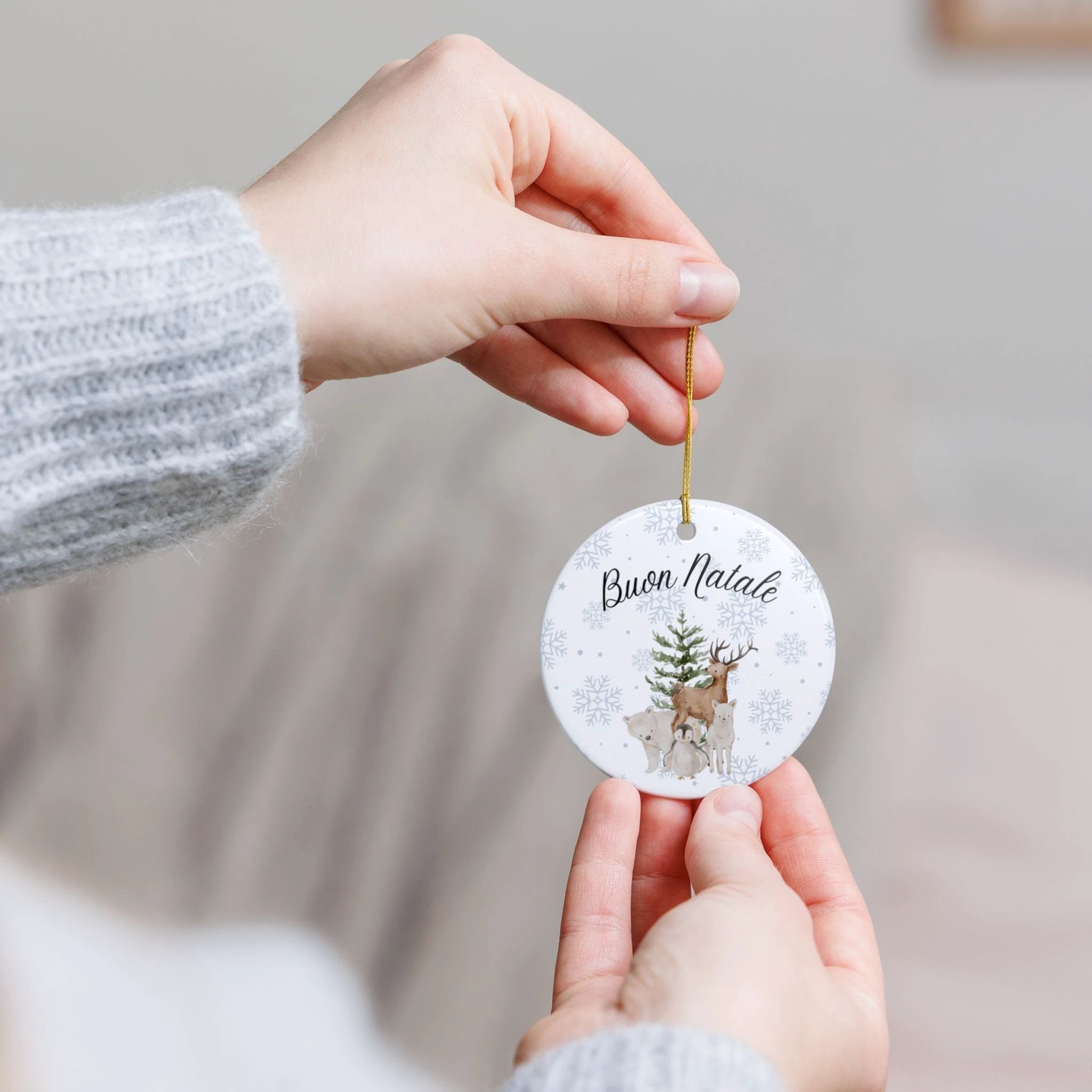 Buon Natale Woodland Animals Ceramic Ornament, Christmas Snowflake Decor by Printify