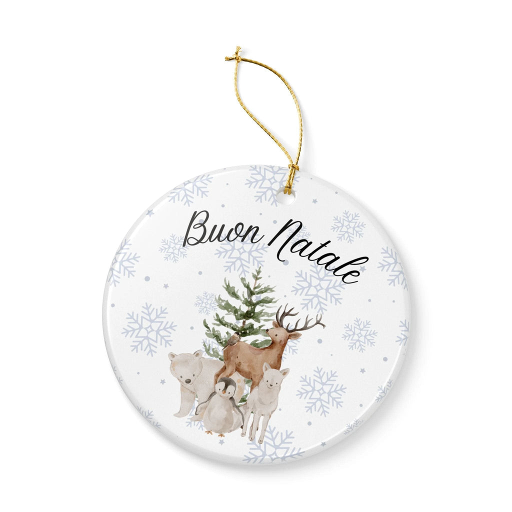 Buon Natale Woodland Animals Ceramic Ornament, Christmas Snowflake Decor by Printify