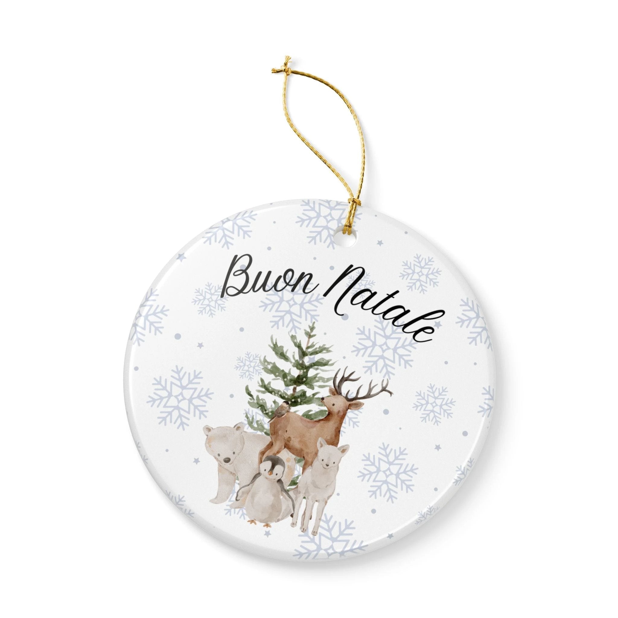 Buon Natale Woodland Animals Ceramic Ornament, Christmas Snowflake Decor by Printify