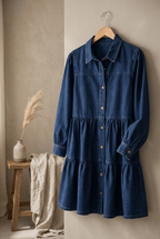 Button Down Babydoll Ruffle Denim Dress Clothing La Vie Bien Button Down Babydoll Ruffle Denim Dress
