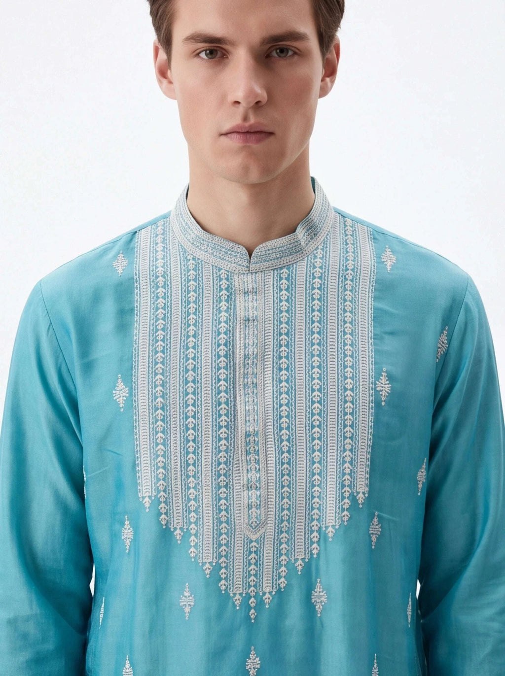 2074 - Blue silk kurta with white pajama