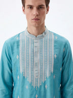 2074 - Blue silk kurta with white pajama