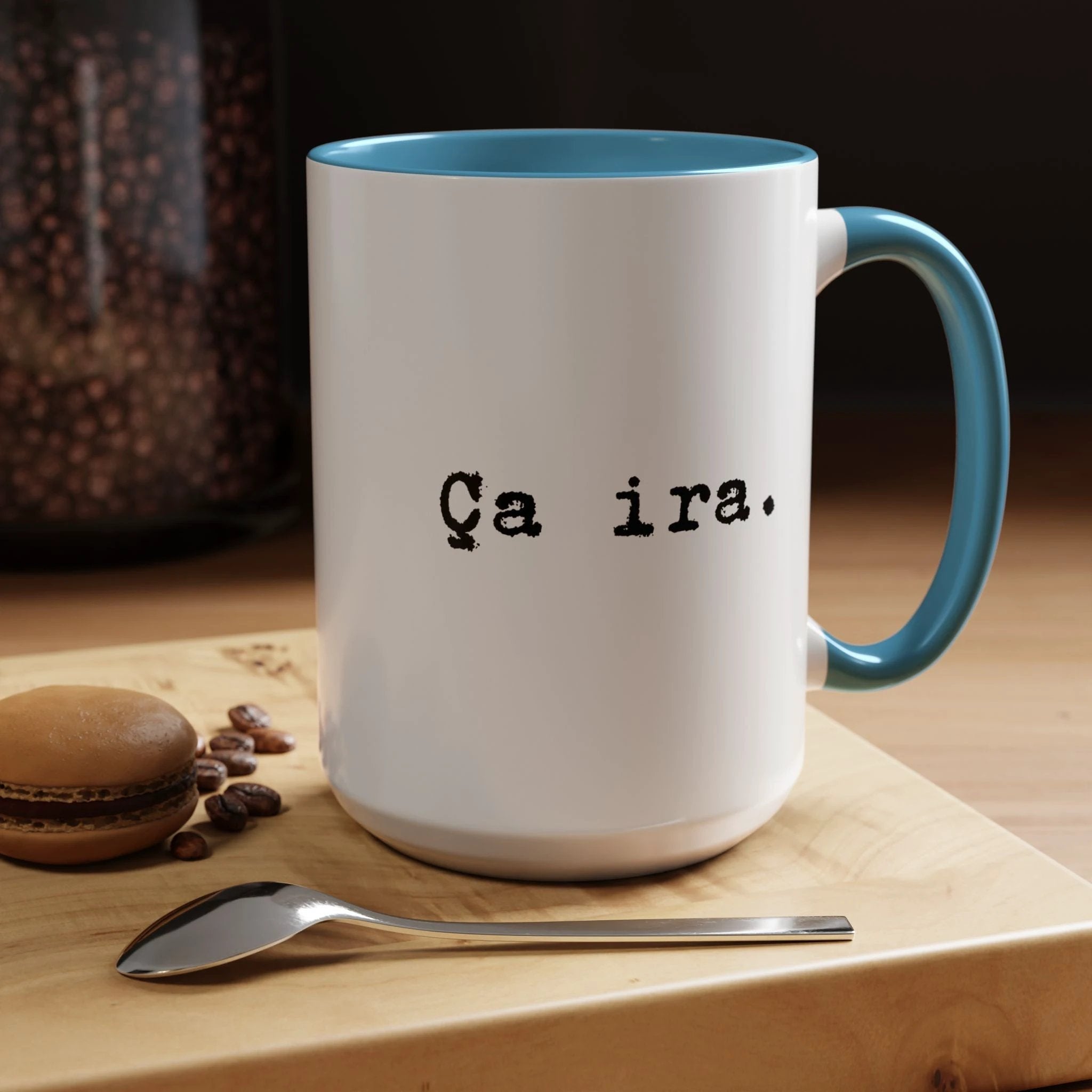 Ca ira Mug, French phrase, typewriter text, colorful accent handle by Printify