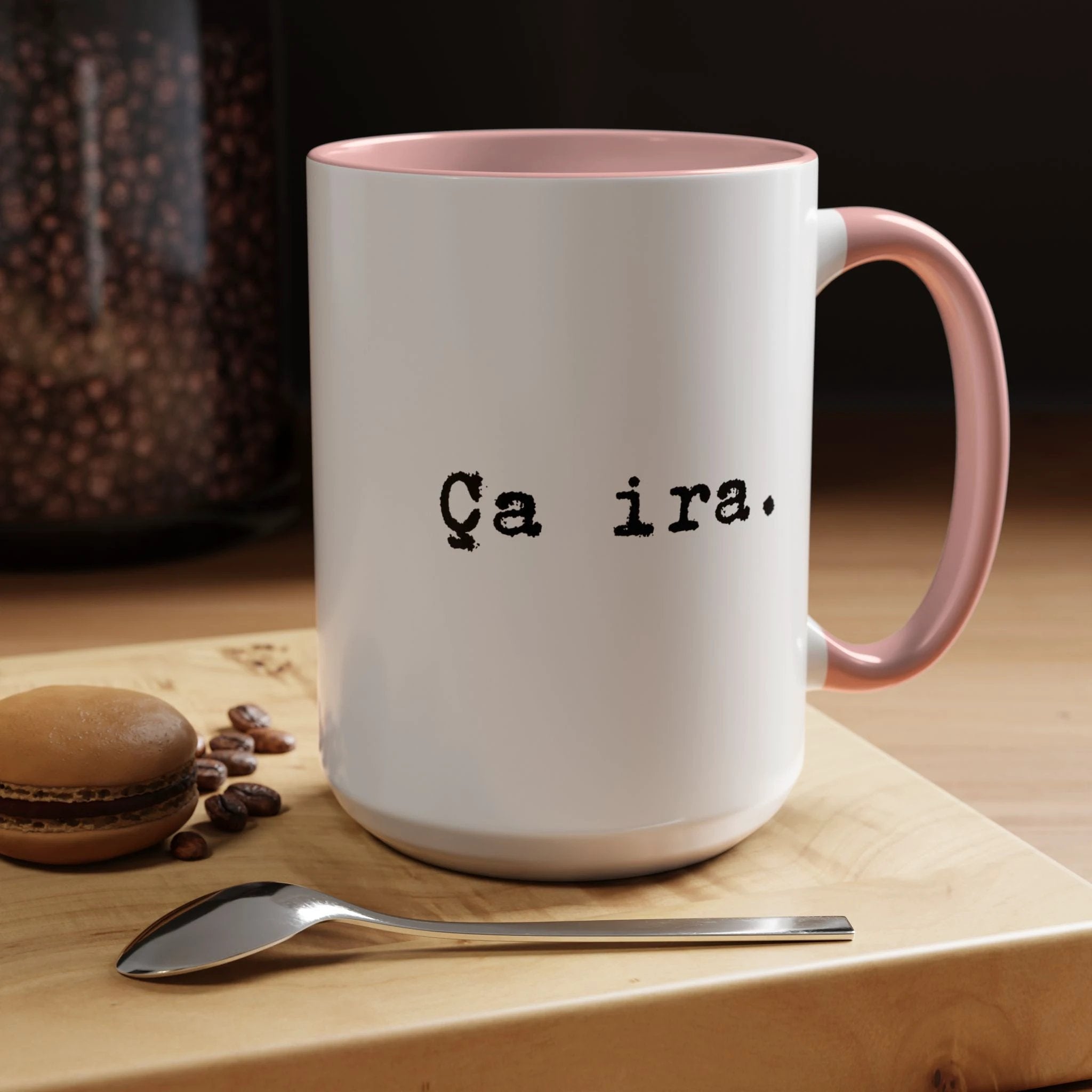 Ca ira Mug, French phrase, typewriter text, colorful accent handle by Printify