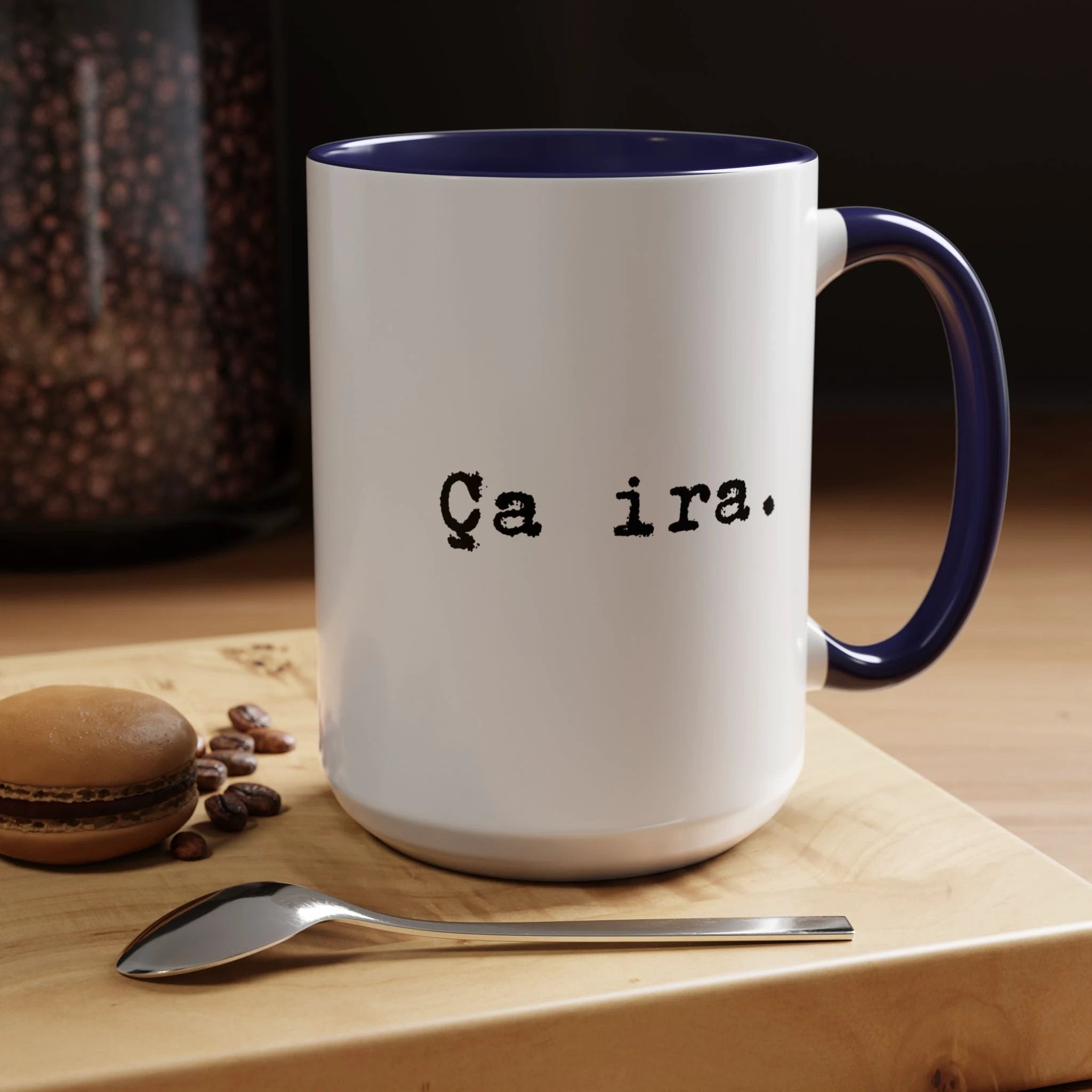 Ca ira Mug, French phrase, typewriter text, colorful accent handle by Printify