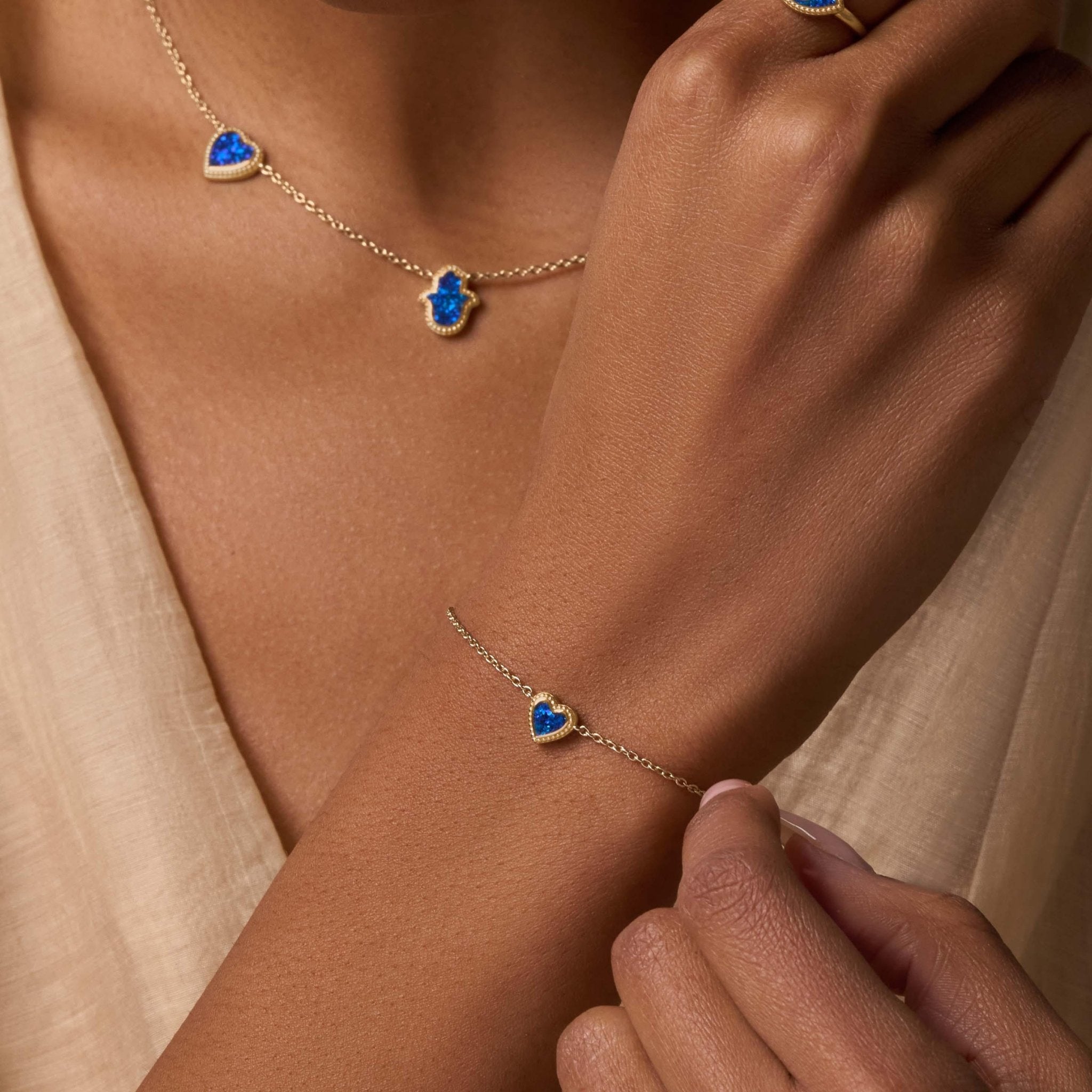 Calming Vibrations Lab Blue Opal Heart Gold Bracelet Bracelets - Womens La Vie Bien Calming Vibrations Lab Blue Opal Heart Gold Bracelet