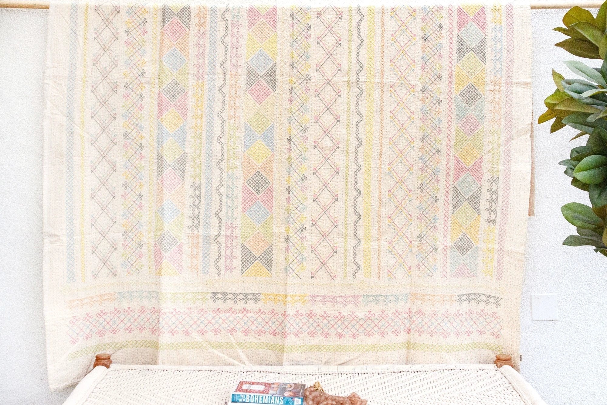 Candy Pastel Hand - stitched Cotton Kantha Bedcover