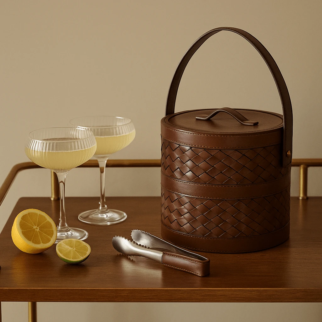 Canton Woven Leather Ice bucket and Tons - Set of 2 by White Cliff Studio