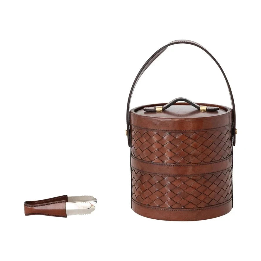 Canton Woven Leather Ice bucket and Tons - Set of 2 by White Cliff Studio