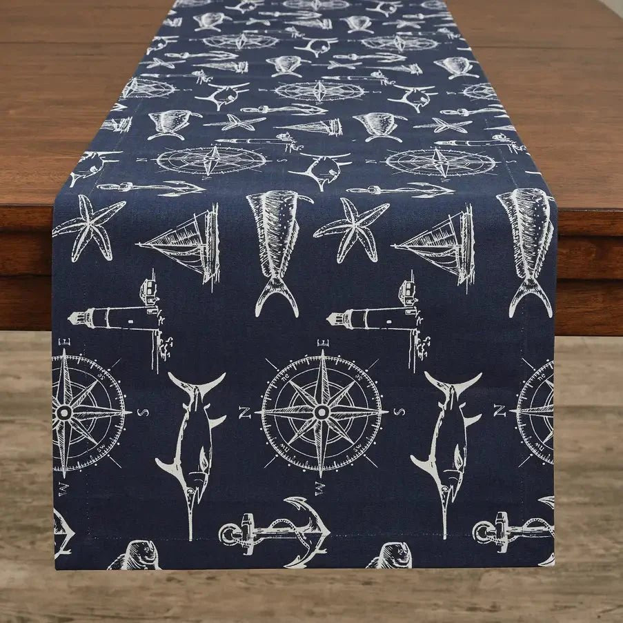 Captain's Quarters Table Runner 72"L Nautical Navy Print Soft Goods La Vie Bien Captain's Quarters Table Runner 72"L Nautical Navy Print
