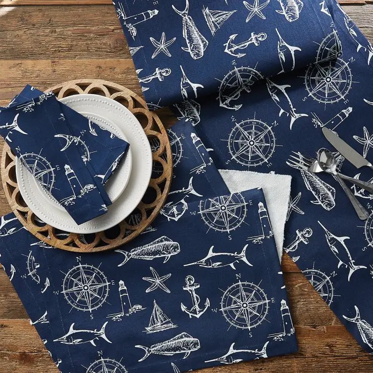 Captain's Quarters Table Runner 72"L Nautical Navy Print Soft Goods La Vie Bien Captain's Quarters Table Runner 72"L Nautical Navy Print