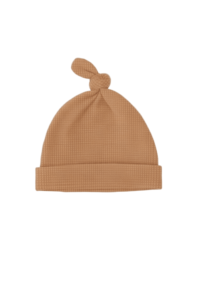 Caramel Brown Waffle Knit Newborn Baby Knot Hat La Vie Bien Caramel Brown Waffle Knit Newborn Baby Knot Hat