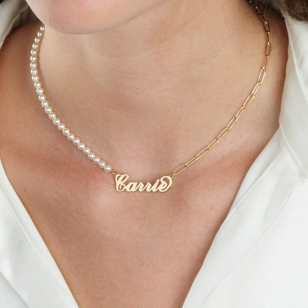 Carrie Half Pearls Half Paperclip Name Necklace La Vie Bien Carrie Half Pearls Half Paperclip Name Necklace