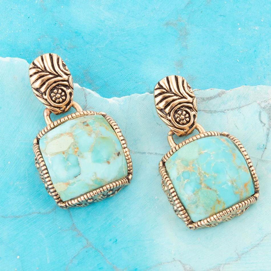 Carved Blue Turquoise Golden Drop Earrings by Barse Jewelry