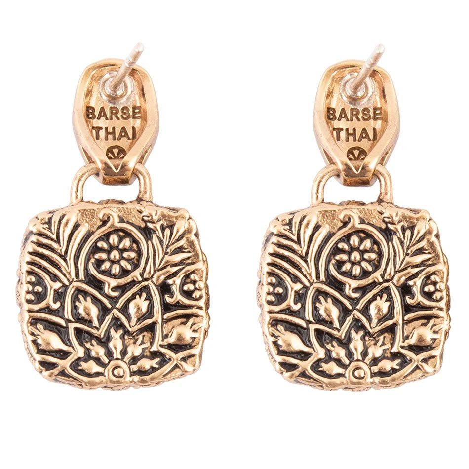 Carved Blue Turquoise Golden Drop Earrings by Barse Jewelry