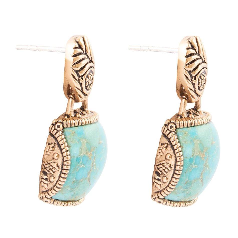 Carved Blue Turquoise Golden Drop Earrings by Barse Jewelry
