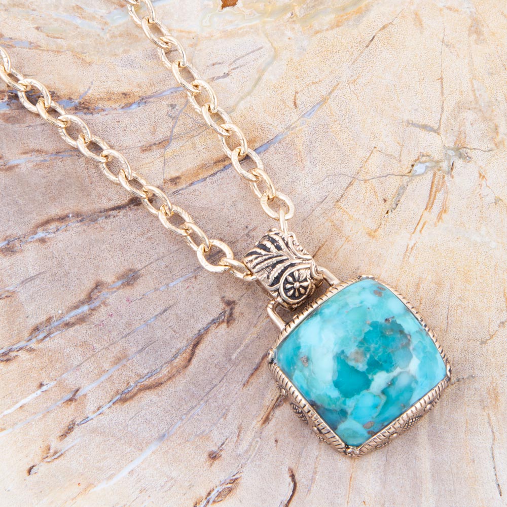 Carved Blue Turquoise Stone Golden Pendant Necklace Necklaces La Vie Bien Carved Blue Turquoise Stone Golden Pendant Necklace