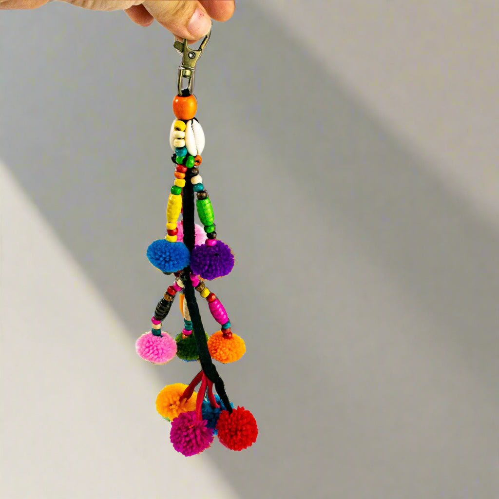 Cascade Pom Pom Keychain | Handmade Zipper Pull with Beads and Bells | Thailand Zipper Pulls La Vie Bien Cascade Pom Pom Keychain | Handmade Zipper Pull with Beads and Bells | Thailand