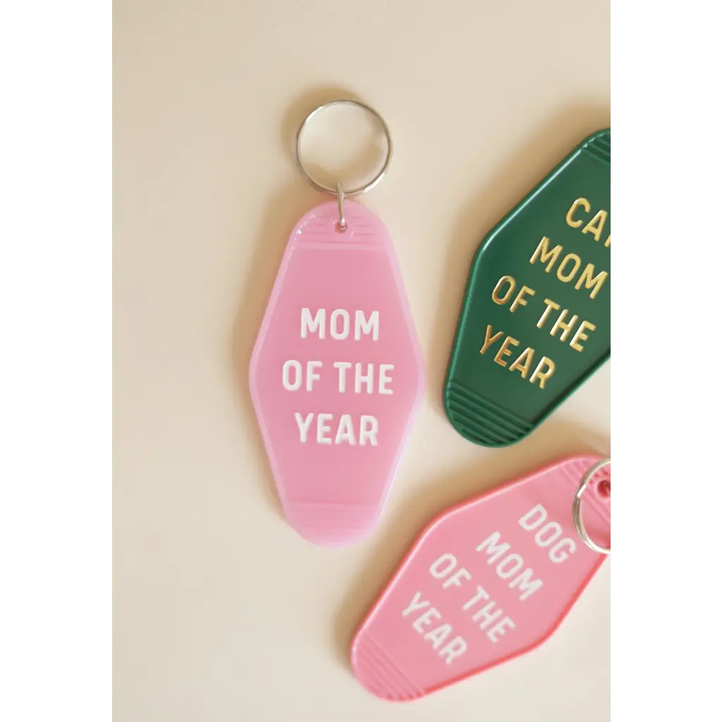 Cat Mom Motel Keychain in Green with Gold Text