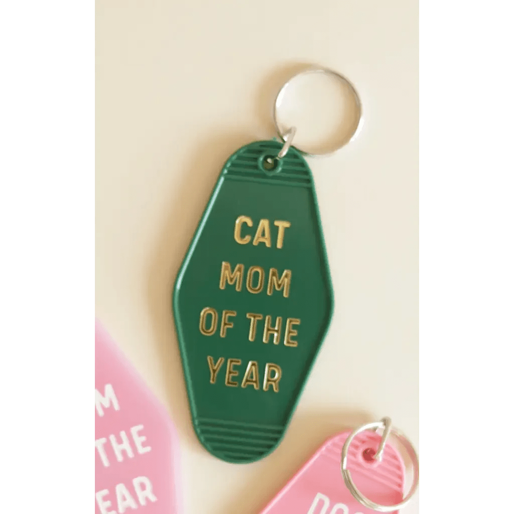 Cat Mom Motel Keychain in Green with Gold Text by Polished Prints
