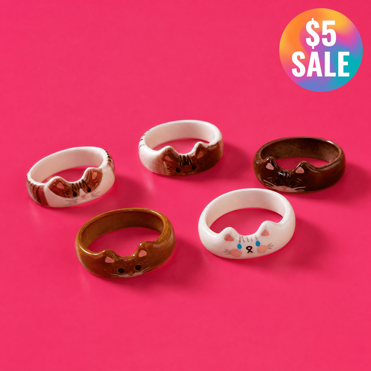 Cat Rings Set of 5 | Sculpted Peeking Cat Face Rings | Brown, White, Black & Calico | Size 7 Ring La Vie Bien Cat Rings Set of 5 | Sculpted Peeking Cat Face Rings | Brown, White, Black & Calico | Size 7