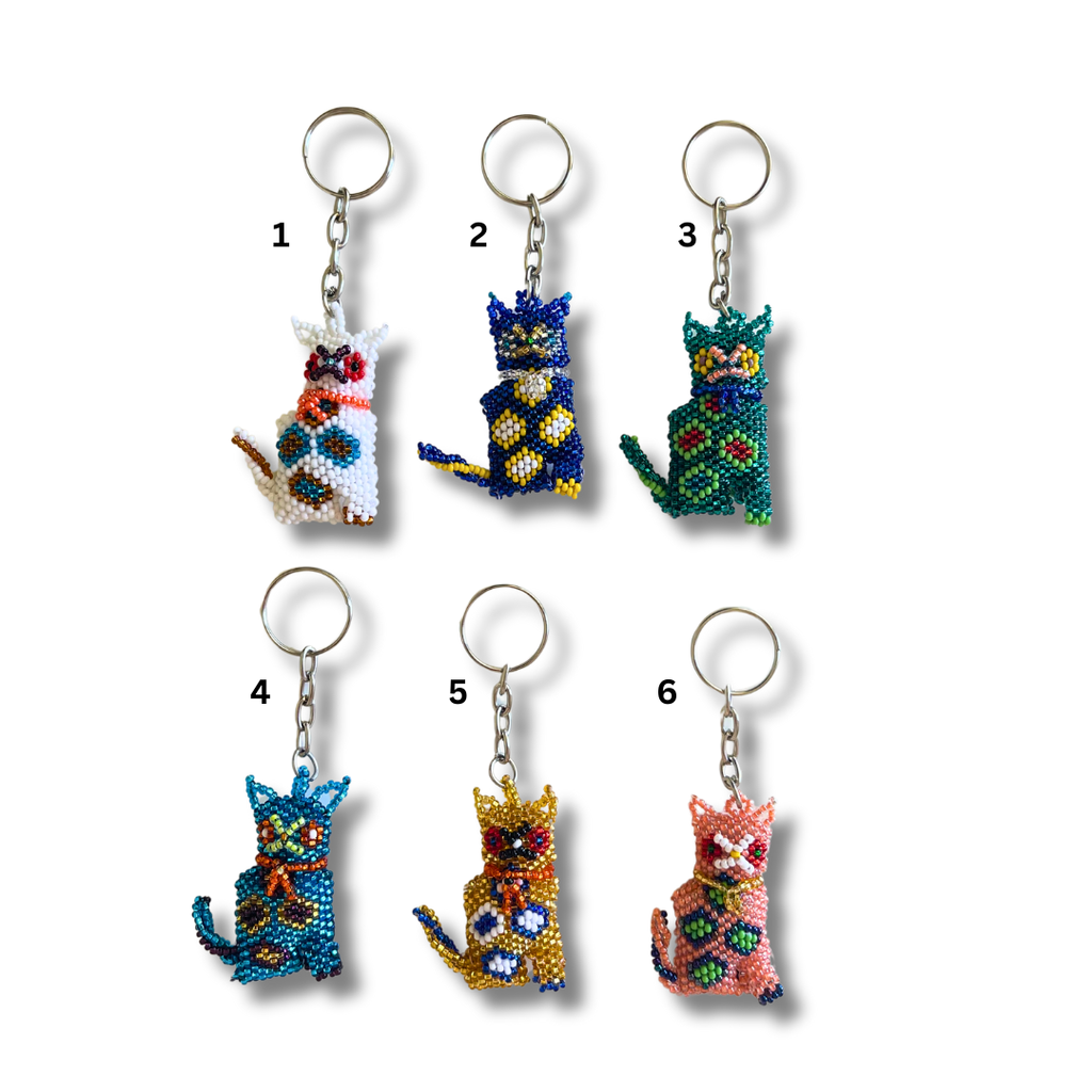 Cat Seed Bead Handcrafted Key Chain - Guatemala Keychains La Vie Bien Cat Seed Bead Handcrafted Key Chain - Guatemala