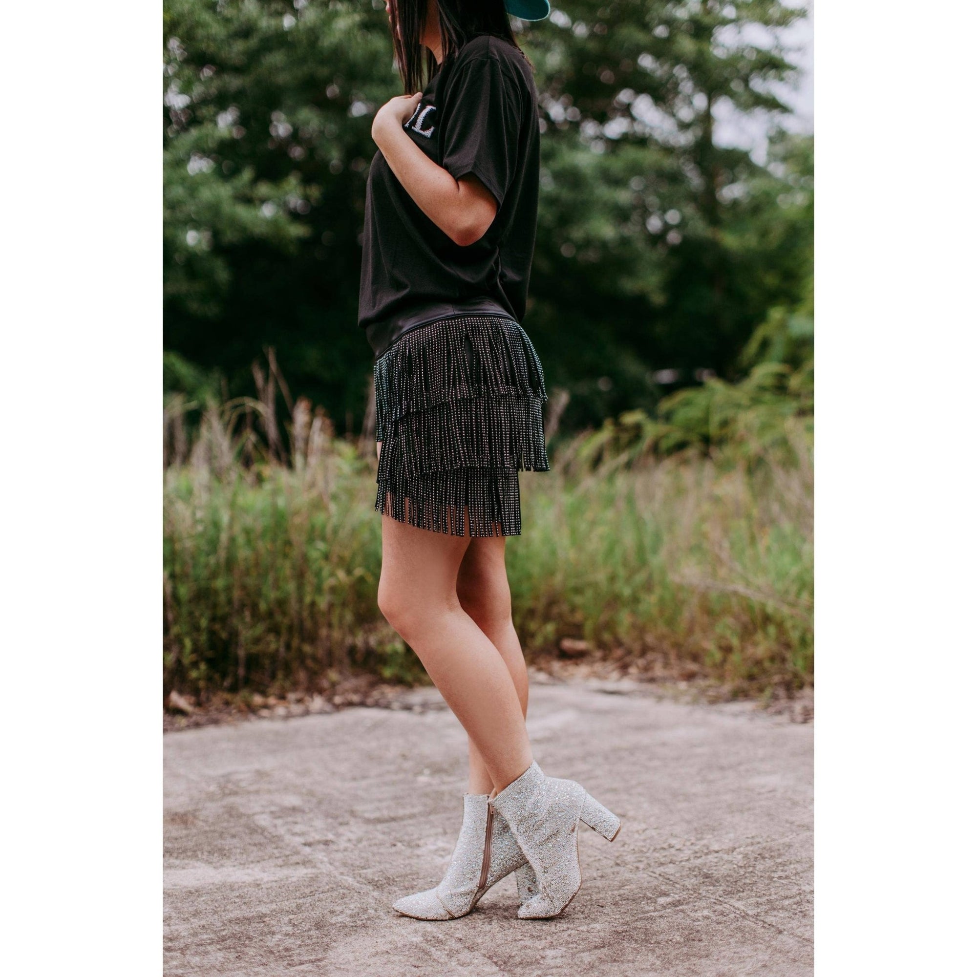 Catalena Fringe Rhinestone Skort in Black [Available in SM - L]