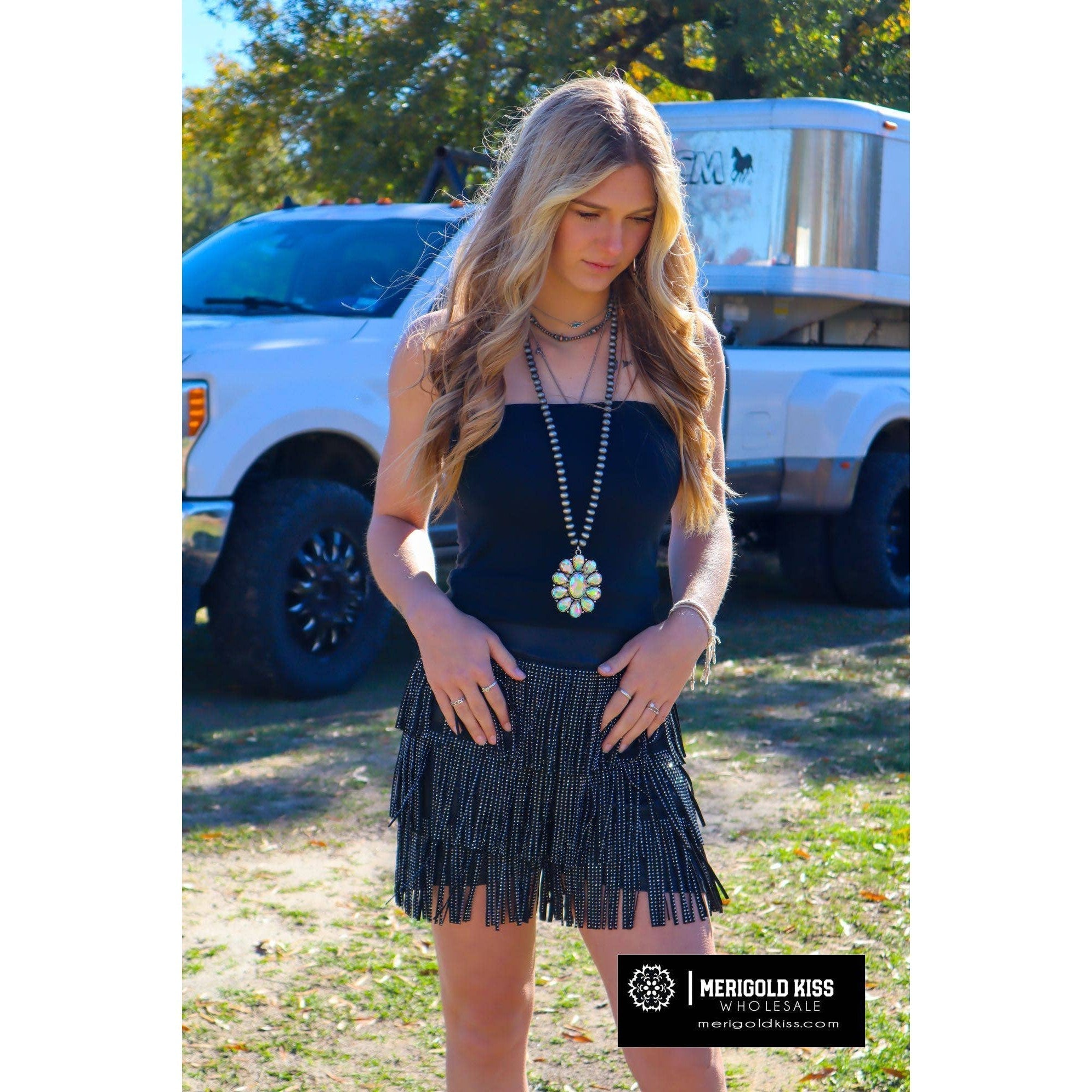 Catalena Fringe Rhinestone Skort in Black [Available in SM - L]