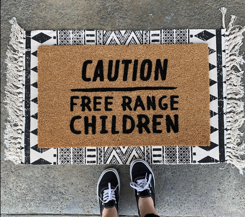 Caution Free Range Children Funny Doormat by Nickel Designs Custom Doormats