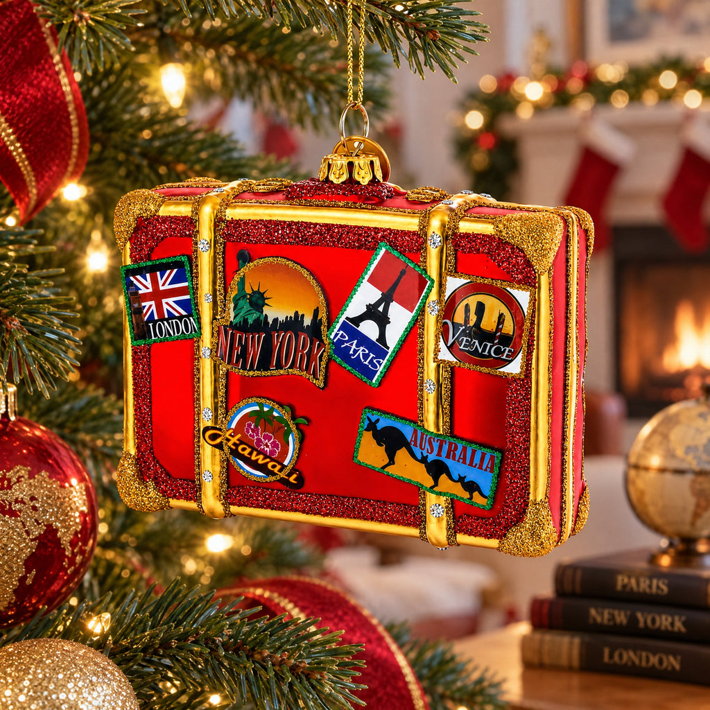 Well-Traveled Suitcase Glass Christmas Ornament