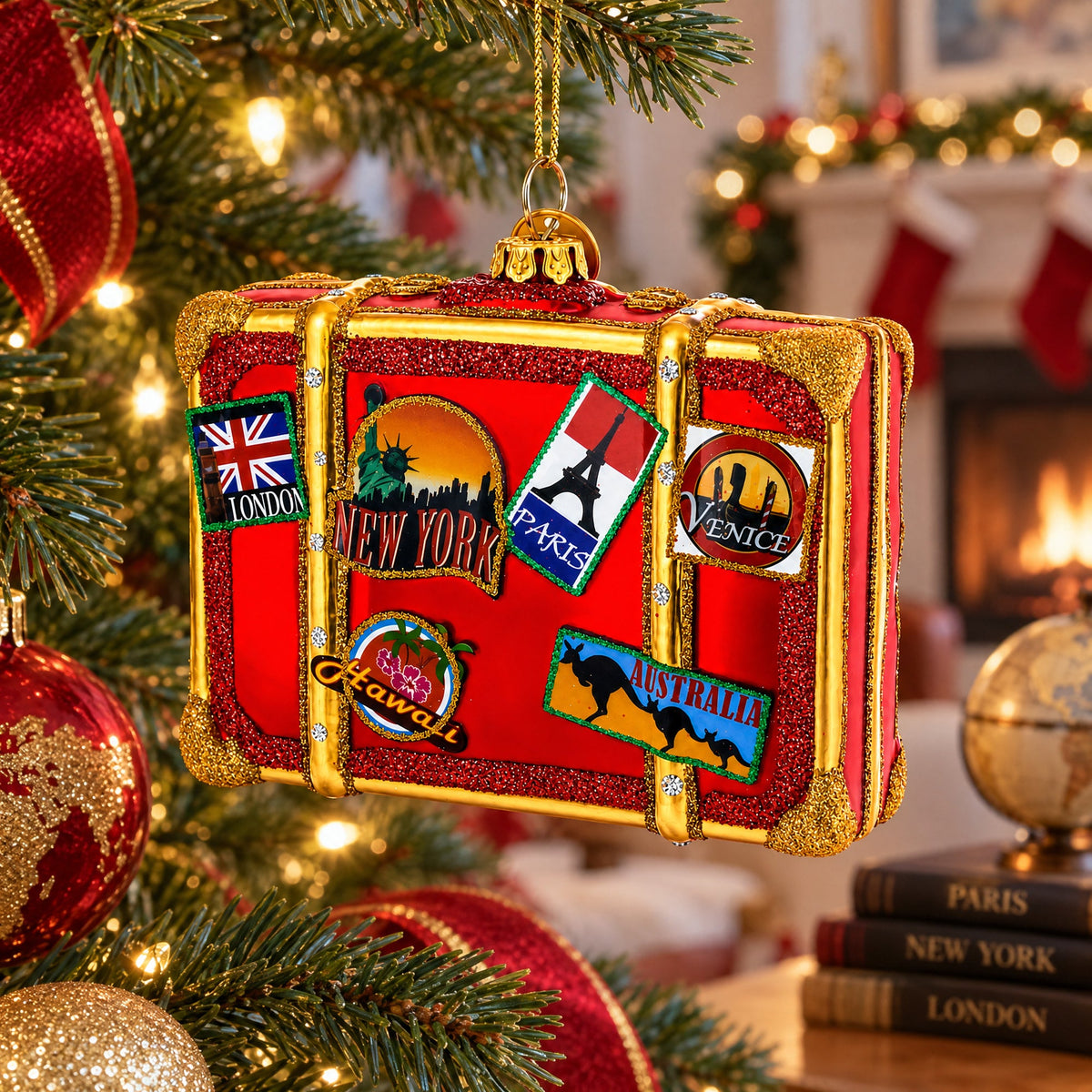 Well-Traveled Suitcase Glass Christmas Ornament