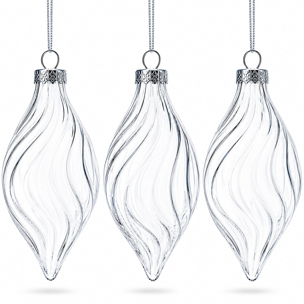 Set of 3 Clear Glass Swirl Christmas Ornaments 5.8 Inches